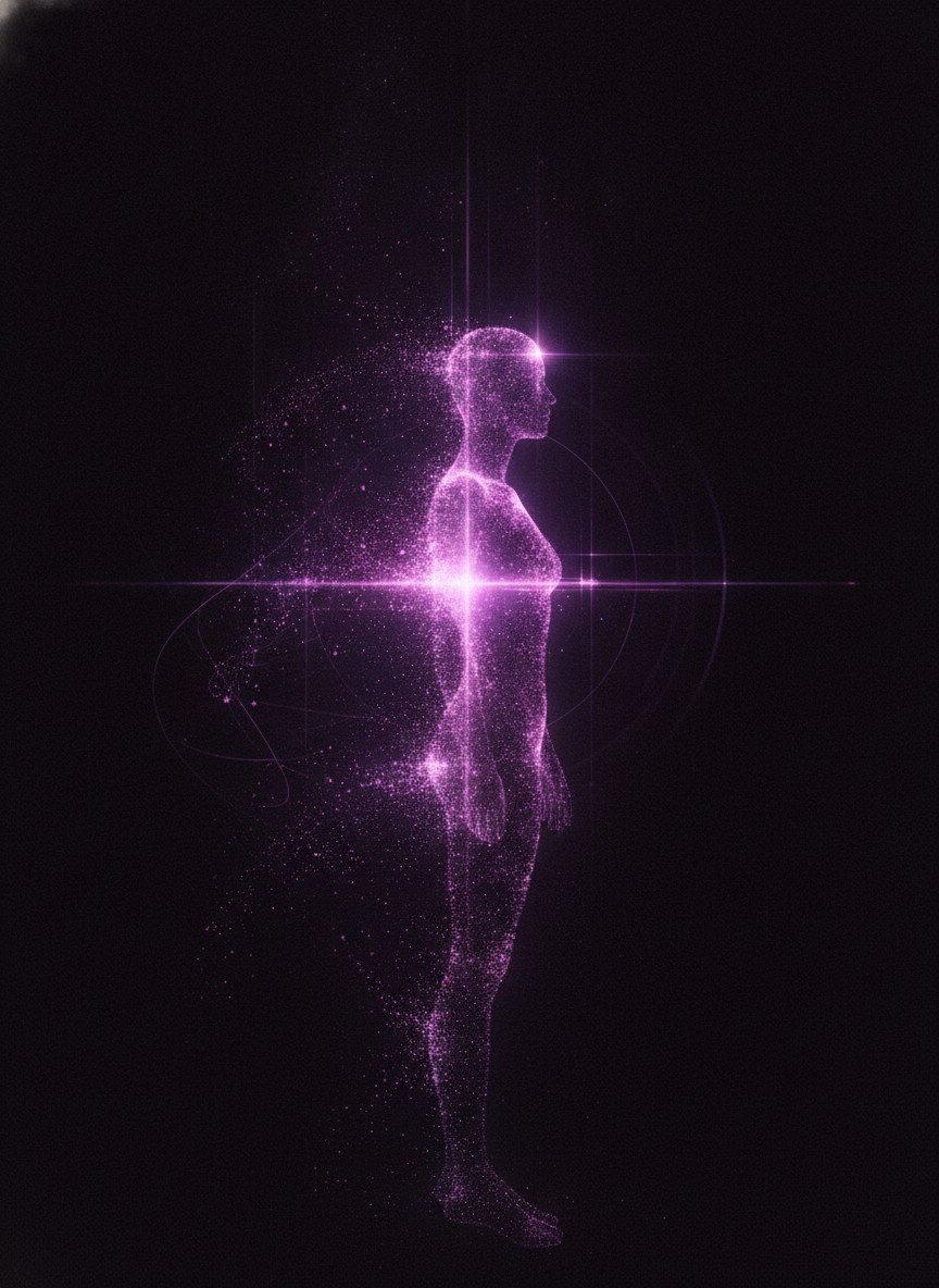 Abstrakte, holografische Darstellung der KI-Stimme des Voice-Agents VOXA aus Violett- und Magenta-Lichtströmen